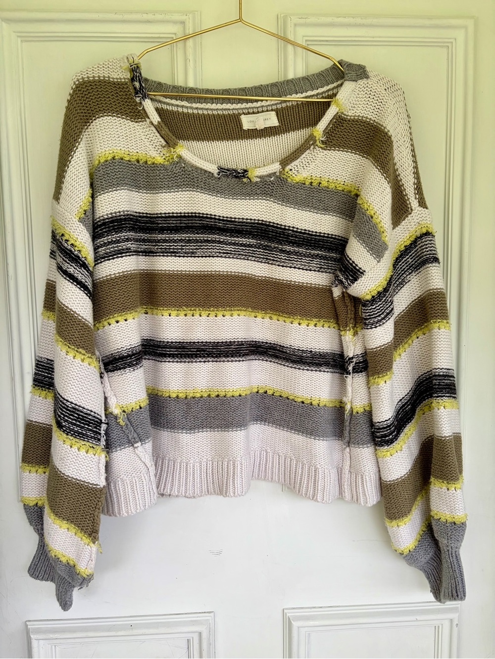 Lou & Grey Striped Scoop Neck Sweater in Cream, Gray, Brown & Yellow